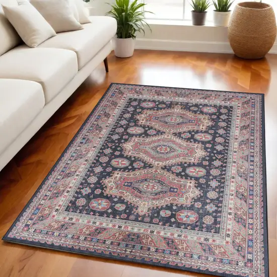 Navy Blue and Red Medallion Distressed Non Skid Area Rug Photo 1