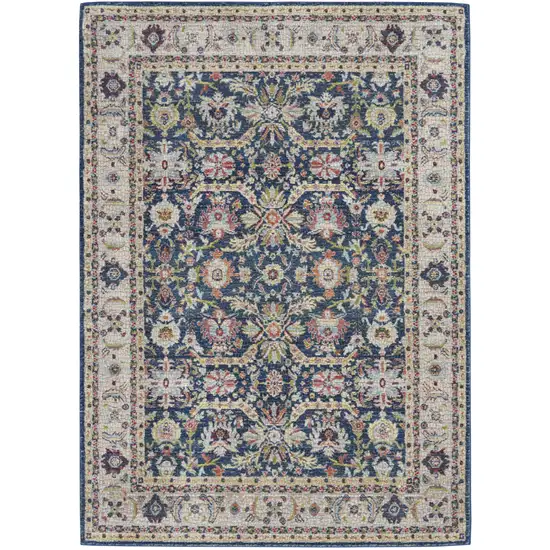 Navy Blue and Yellow Floral Distressed Non Skid Area Rug Photo 2