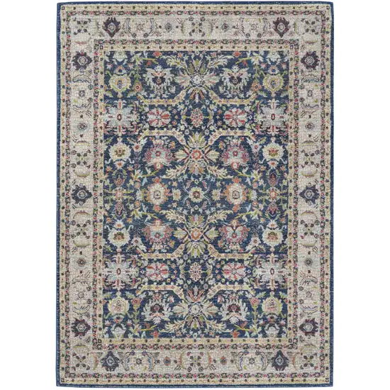 Navy Blue and Yellow Floral Distressed Non Skid Area Rug Photo 6