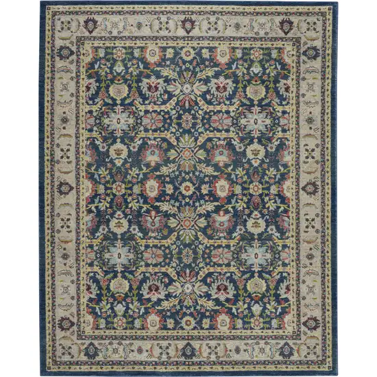 Navy Blue and Yellow Floral Distressed Non Skid Area Rug Photo 2