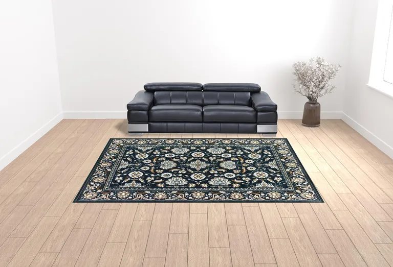 Navy Caramel And Ivory Oriental Power Loom Stain Resistant Area Rug Photo 2