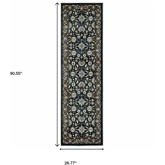 Navy Caramel And Ivory Oriental Power Loom Stain Resistant Runner Rug Photo 6