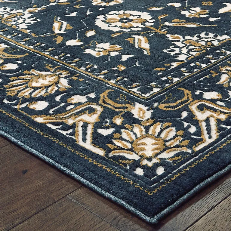 Navy Caramel And Ivory Oriental Power Loom Stain Resistant Runner Rug Photo 3