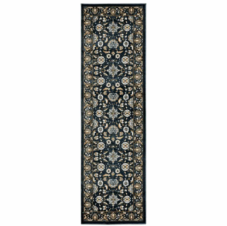 Navy Caramel And Ivory Oriental Power Loom Stain Resistant Runner Rug Photo 1