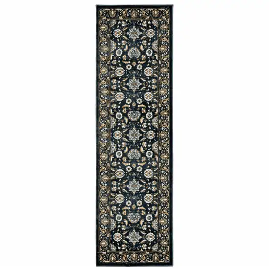 Navy Caramel And Ivory Oriental Power Loom Stain Resistant Runner Rug Photo 1