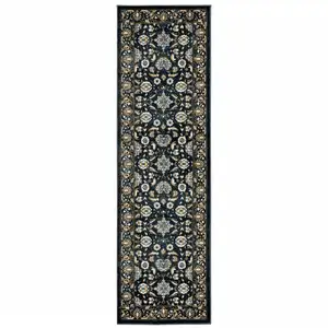 Photo of Navy Caramel And Ivory Oriental Power Loom Stain Resistant Runner Rug