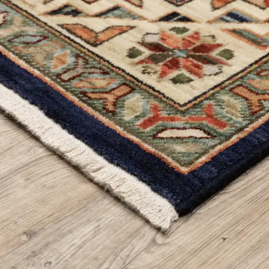 Navy Charcoal Orange Rust Gold Pale Blue Olive Beige And Salmon Oriental Power Loom Runner Rug With Fringe Photo 6