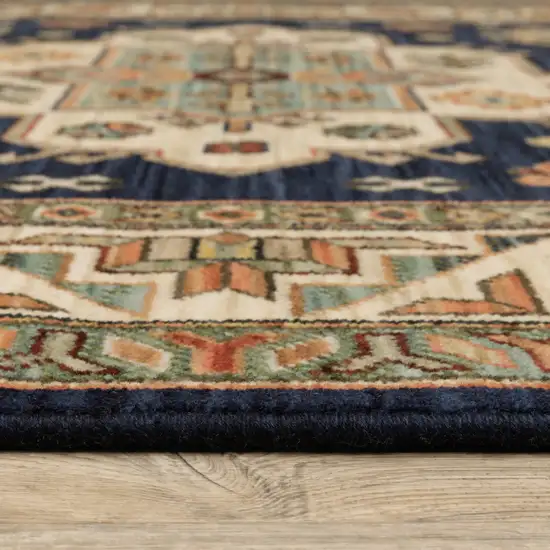 Navy Charcoal Orange Rust Gold Pale Blue Olive Beige And Salmon Oriental Power Loom Runner Rug With Fringe Photo 3