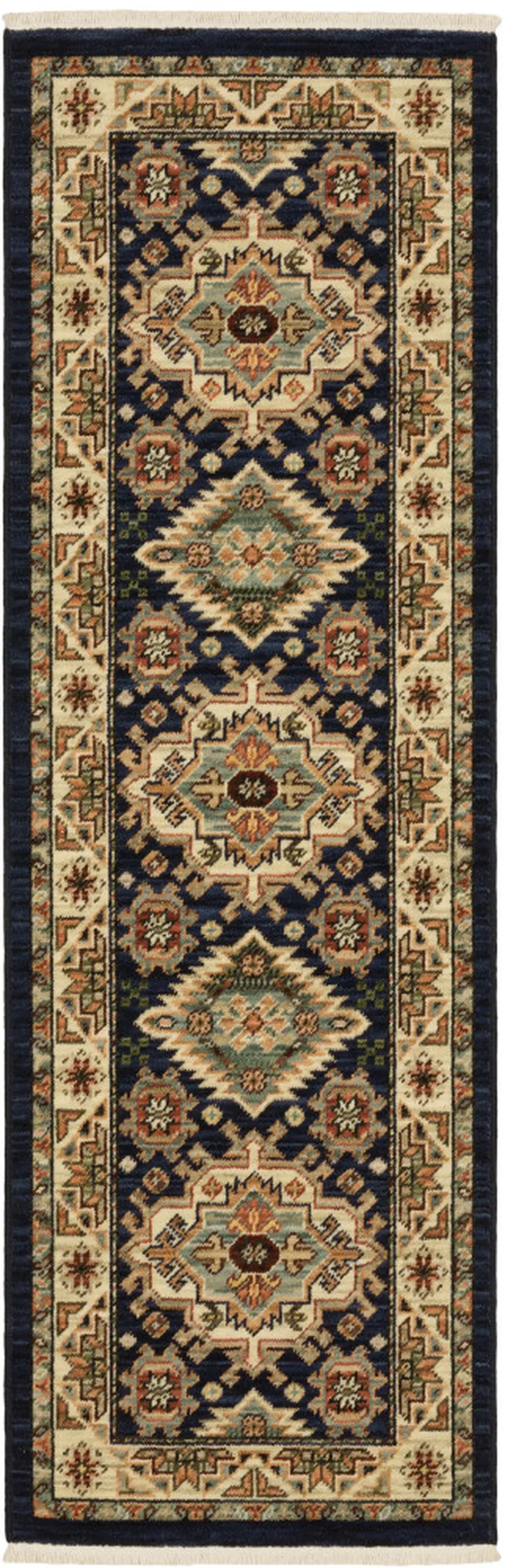 Navy Charcoal Orange Rust Gold Pale Blue Olive Beige And Salmon Oriental Power Loom Runner Rug With Fringe Photo 1