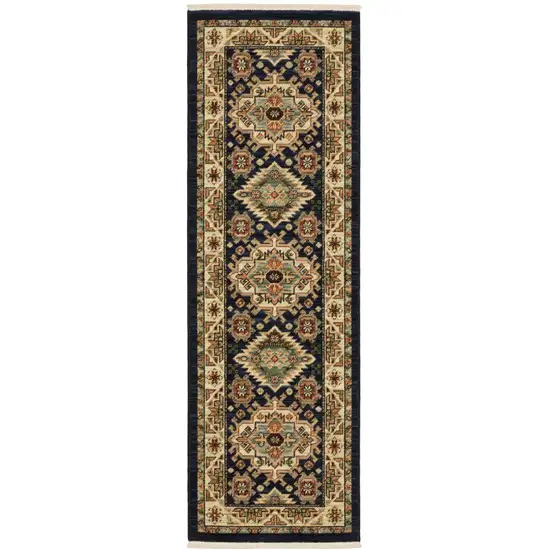 Navy Charcoal Orange Rust Gold Pale Blue Olive Beige And Salmon Oriental Power Loom Runner Rug With Fringe Photo 1