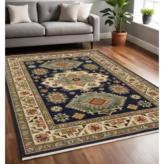 Blue and Beige Oriental Power Loom Area Rug With Fringe Photo 1