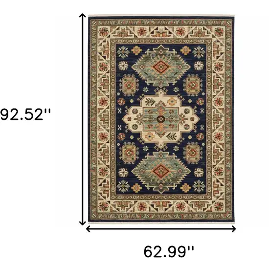 Blue and Beige Oriental Power Loom Area Rug With Fringe Photo 3