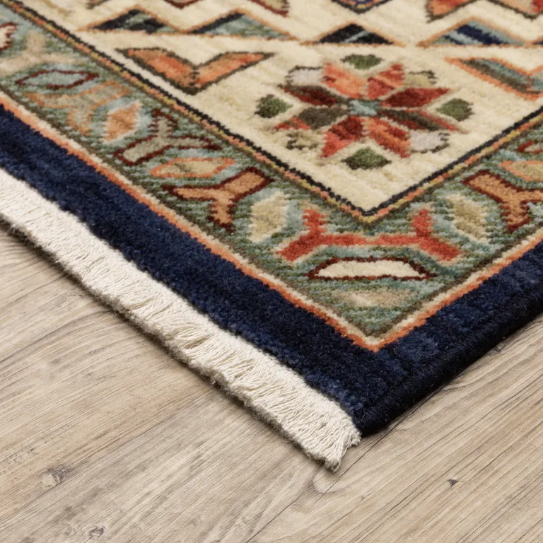 Navy Charcoal Orange Rust Gold Pale Blue Olive Beige And Salmon Oriental Power Loom Stain Resistant Area Rug With Fringe Photo 5