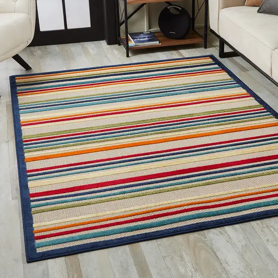 Navy Colorful Striped Indoor Outdoor Area Rug Photo 6