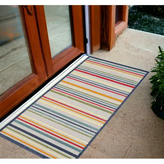 Ivory And Blue Striped Stain Resistant Indoor Outdoor Area Rug Photo 1