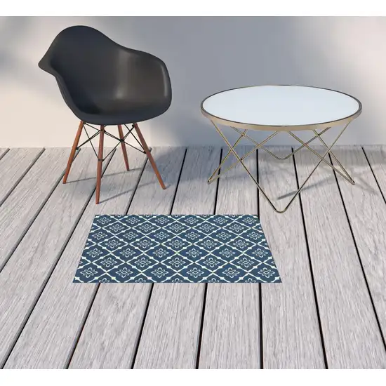 Navy Floral Stain Resistant Indoor Outdoor Area Rug Photo 2