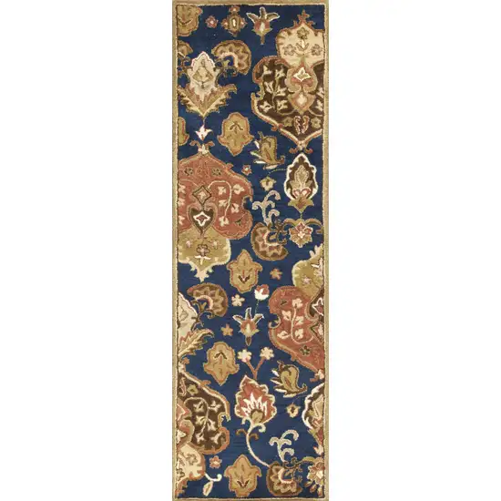 Navy Floral Tapestry Wool Runner Rug Photo 1