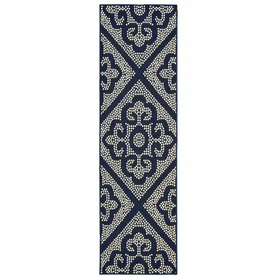 Navy Geometric Stain Resistant Indoor Outdoor Area Rug Photo 1