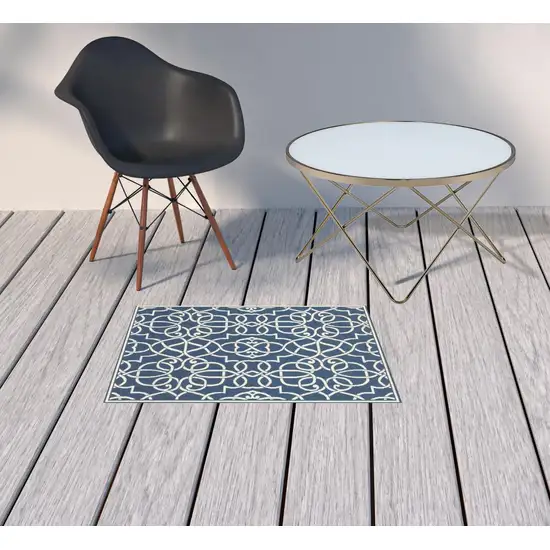 Navy Geometric Stain Resistant Indoor Outdoor Area Rug Photo 2