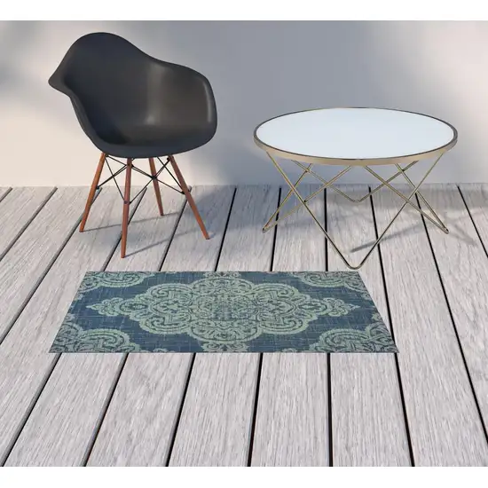 Navy Oriental Stain Resistant Indoor Outdoor Area Rug Photo 2