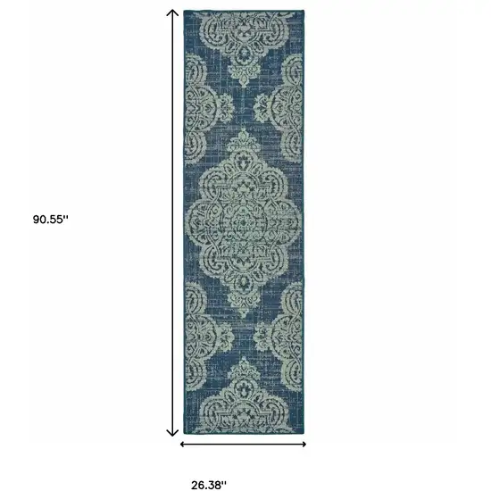 Navy Oriental Stain Resistant Indoor Outdoor Area Rug Photo 5