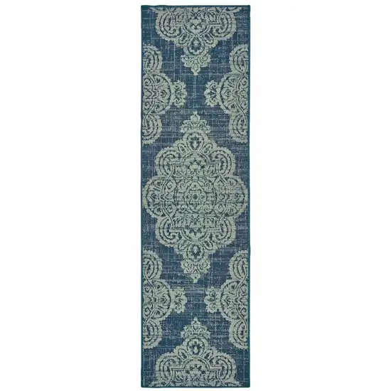 Navy Oriental Stain Resistant Indoor Outdoor Area Rug Photo 1