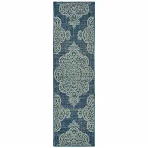 Photo of Navy Oriental Stain Resistant Indoor Outdoor Area Rug