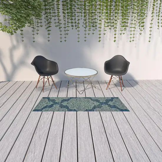 Navy Oriental Stain Resistant Indoor Outdoor Area Rug Photo 2