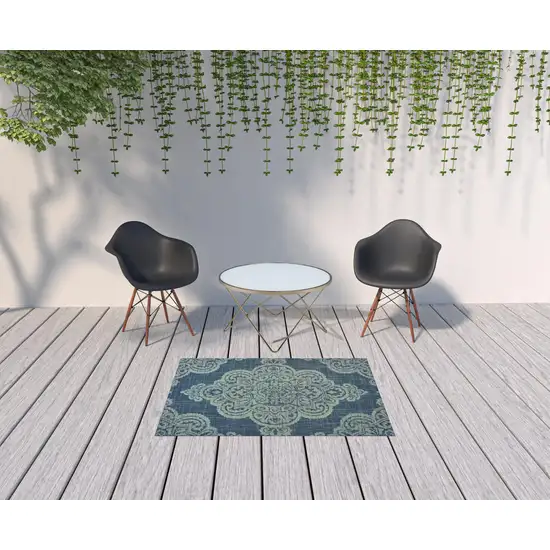 Navy Oriental Stain Resistant Indoor Outdoor Area Rug Photo 2