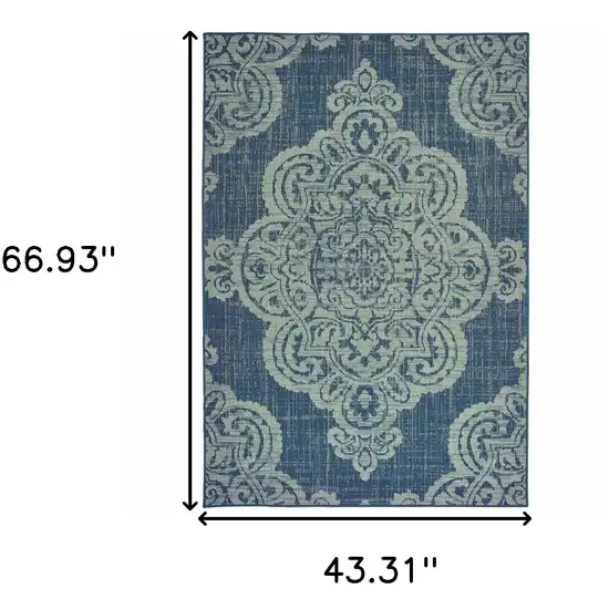 Navy Oriental Stain Resistant Indoor Outdoor Area Rug Photo 5