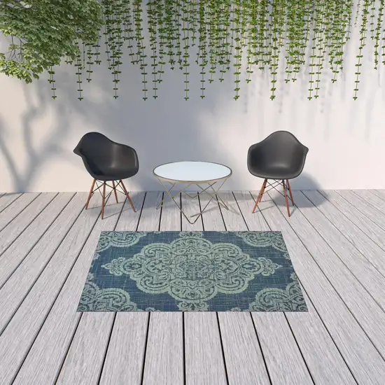 Navy Oriental Stain Resistant Indoor Outdoor Area Rug Photo 2