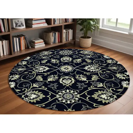 8' Navy Blue Round Hand Tufted Area Rug With UV Protection Photo 1