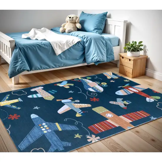 Navy Red and Orange Juvenile Airplanes Youthful Area Rug Photo 3