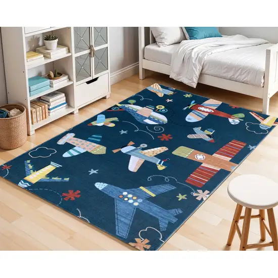 Navy Red and Orange Juvenile Airplanes Youthful Area Rug Photo 1