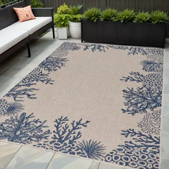 Beige and Blue Coral Stain Resistant Indoor Outdoor Area Rug Photo 1