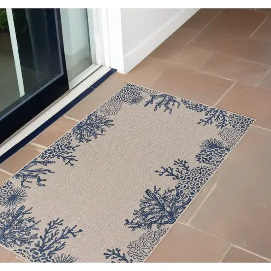 Beige and Blue Coral Stain Resistant Indoor Outdoor Area Rug Photo 1