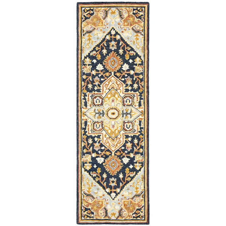 Navy Rust Blue Ivory And Gold Oriental Tufted Handmade Stain Resistant Runner Rug Photo 1