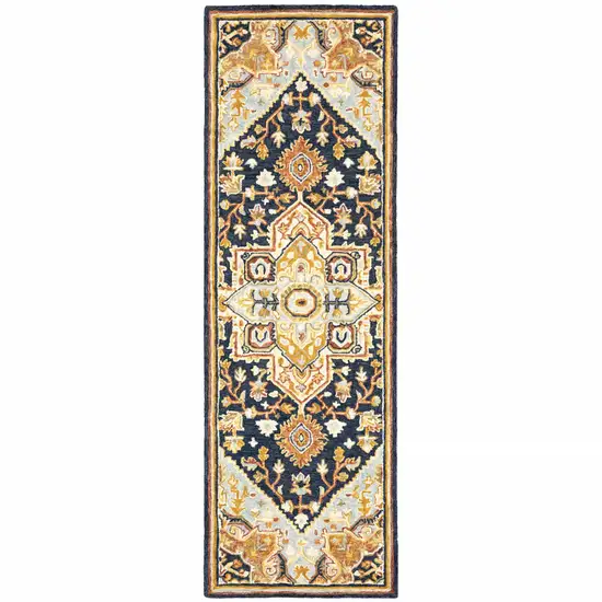 Navy Rust Blue Ivory And Gold Oriental Tufted Handmade Stain Resistant Runner Rug Photo 1