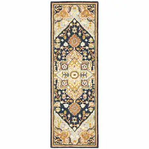 Photo of Navy Rust Blue Ivory And Gold Oriental Tufted Handmade Stain Resistant Runner Rug