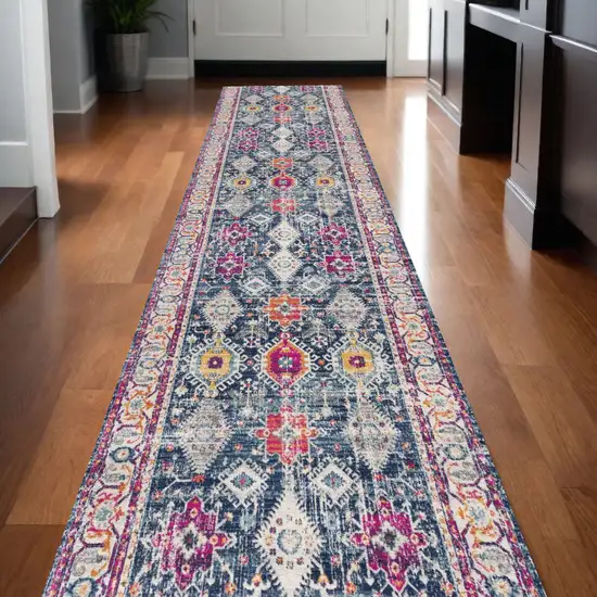 Navy Blue Oriental Dhurrie Runner Rug Photo 1