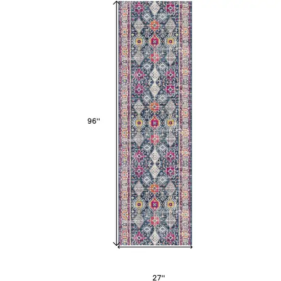 Blue and Ivory Oriental Runner Rug Photo 3