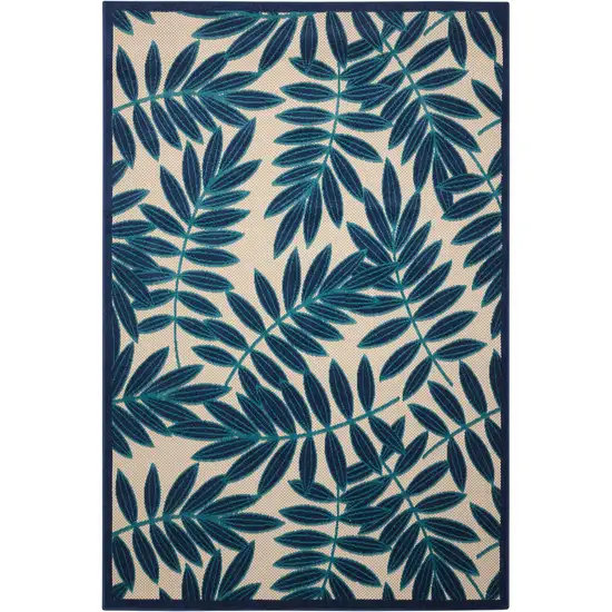 Navy and Beige Leaves Indoor Outdoor Area Rug Photo 1