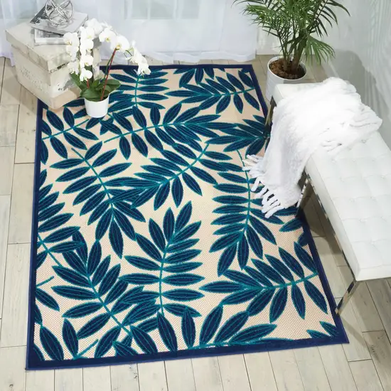 Navy and Beige Leaves Indoor Outdoor Area Rug Photo 5