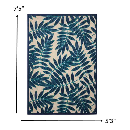 Navy and Beige Leaves Indoor Outdoor Area Rug Photo 2