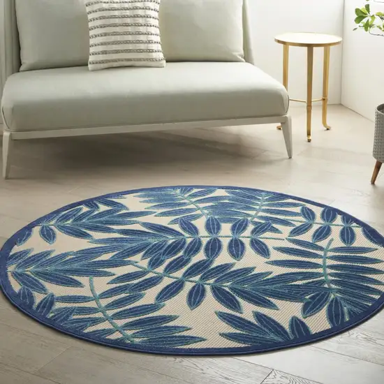 Navy and Beige Leaves Indoor Outdoor Area Rug Photo 5