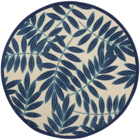 Navy and Beige Leaves Indoor Outdoor Area Rug Photo 1