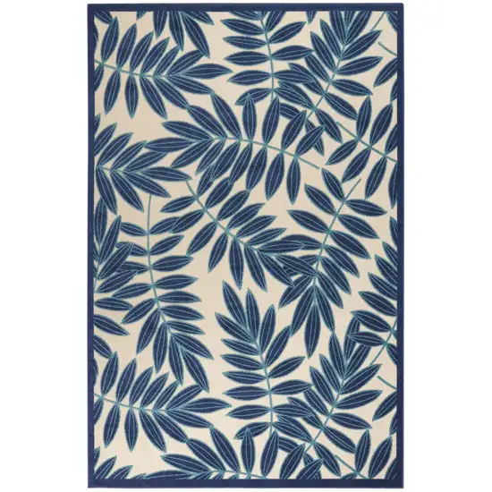 Navy and Beige Leaves Indoor Outdoor Area Rug Photo 1