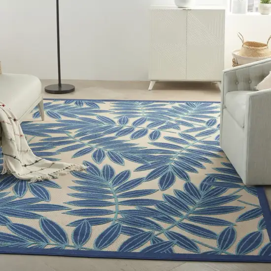 Navy and Beige Leaves Indoor Outdoor Area Rug Photo 4