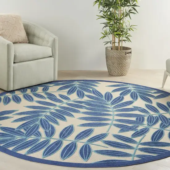 Navy and Beige Leaves Indoor Outdoor Area Rug Photo 5