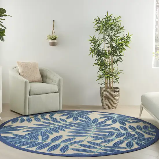 Navy and Beige Leaves Indoor Outdoor Area Rug Photo 10